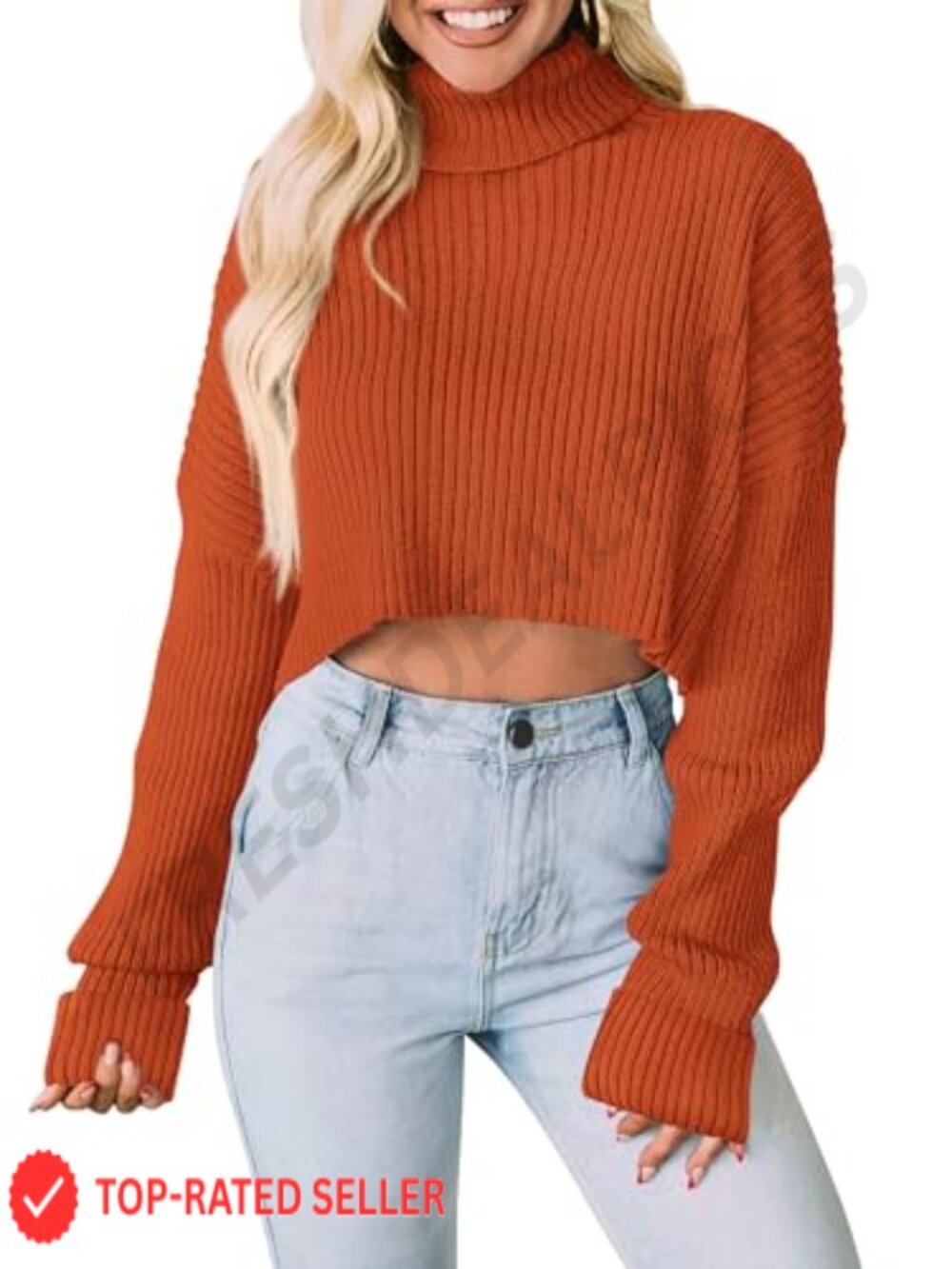 Womens Cropped Turtleneck Sweater Long Sleeve Ribbed Knit Pullover
